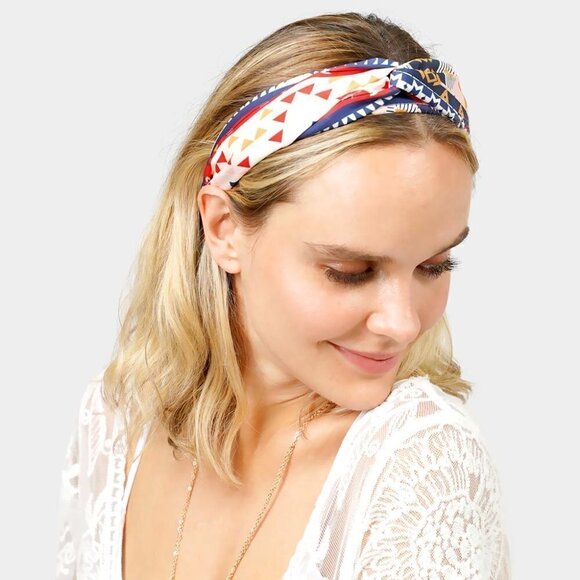 70. Navy Blue Aztec Fabric Patterned Twisted Headband - Picture 2 of 2